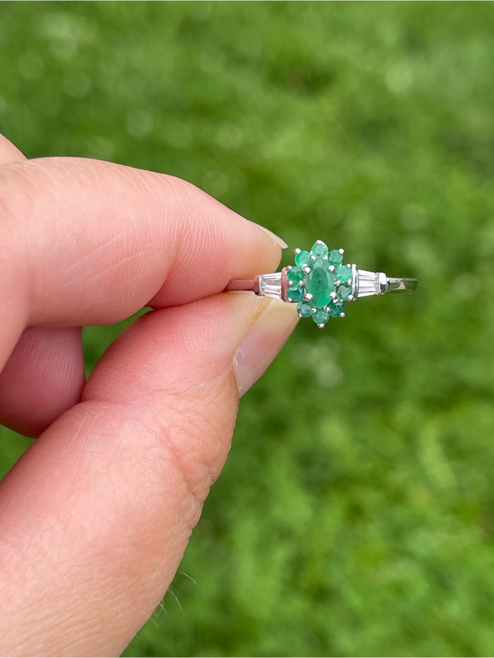 Emerald Halo and Moissanite Ring